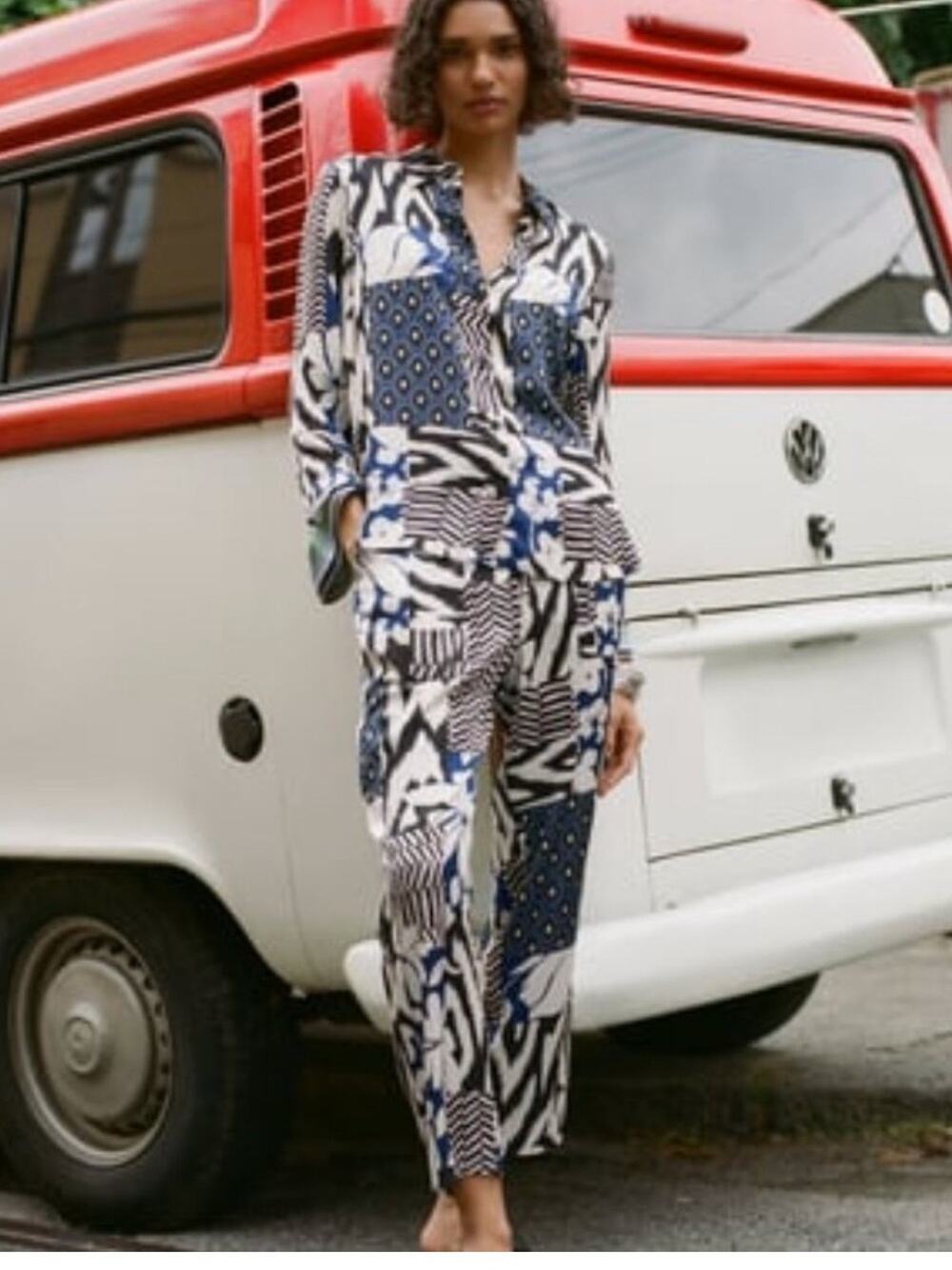 Zara Black and Blue Mixed Print Blouse and Pant Set